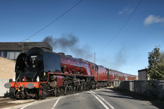 Duchess of Sutherland approaching Morpeth Station, Northumberland.