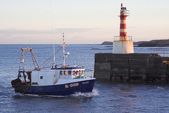 Fishing Boat Solan passing Amble Lighthouse.