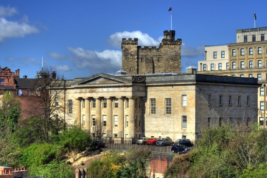 Newcastle Keep and Moot Hall seen from the Tyne Bridge.