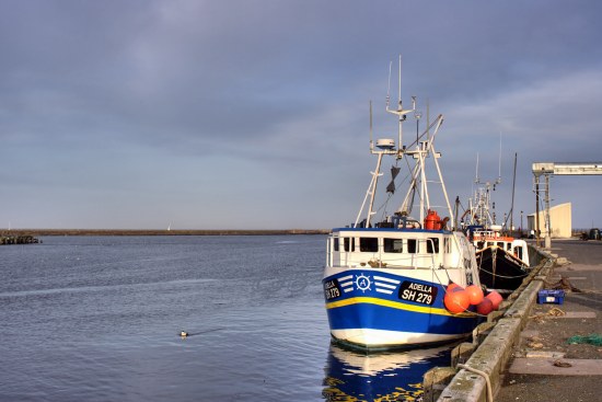 Fishing boats moored at Amble Harbour, Northumberland.