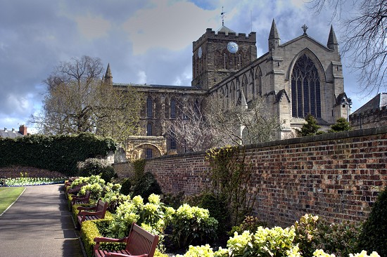 Hexham Abbey from the park.
