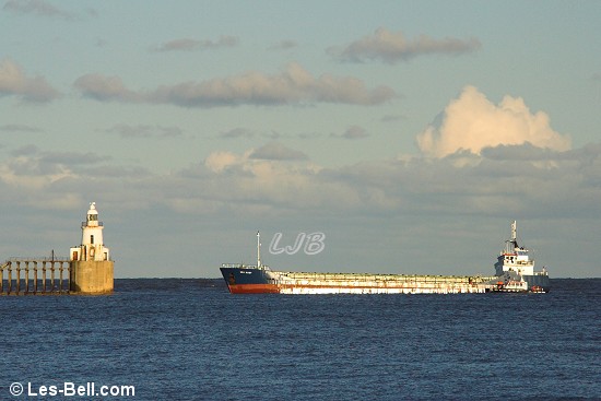 Cargo ship approaching Port of Blyth, Northumberland.