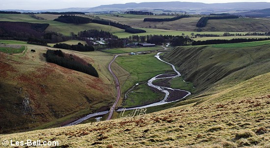 View over the River Alwin and Clennell Hall, Alwinton, Northumberland.