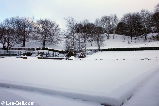 Deep snow on the bowling greens at Carlisle Park, Morpeth.