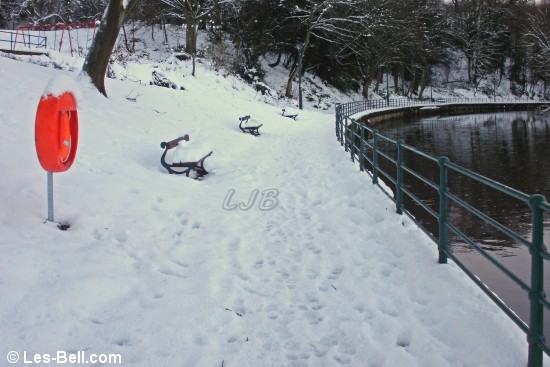 Deep snow beside the River Wansbeck at Carlisle Park, Morpeth