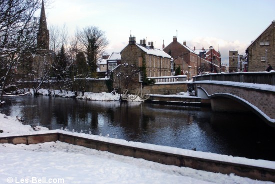 Deep snow beside the River Wansbeck at Oldgate Bridge, Morpeth