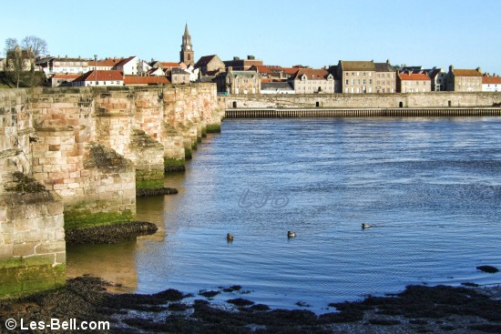 View across the River Tweed beside Berwick Old Bridge.