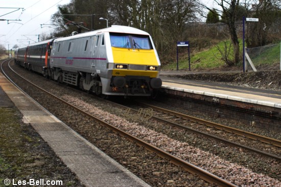High speed electric train at Pegswood Station.