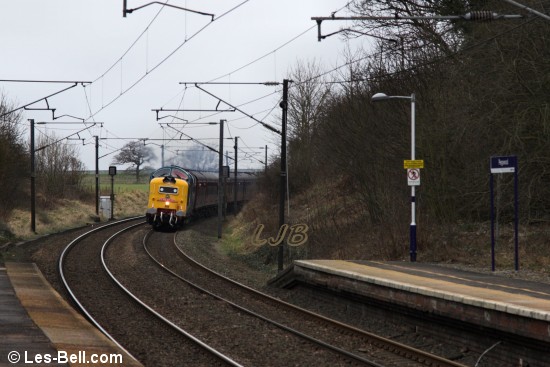 Deltic no. 55022 "Royal Scots Grey" passing through Pegswood Station.