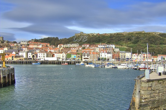 View from the harbour to Scarborough Castle.