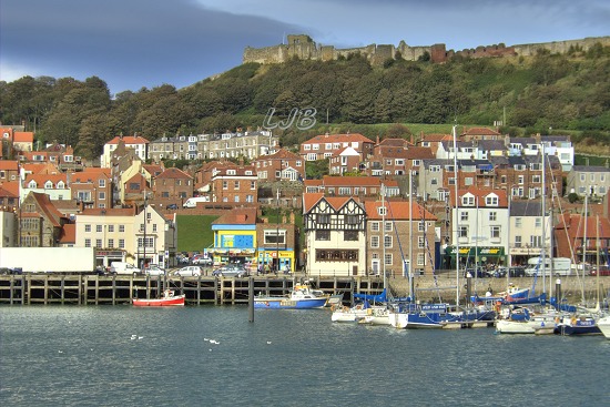 View from the harbour to Scarborough Castle.