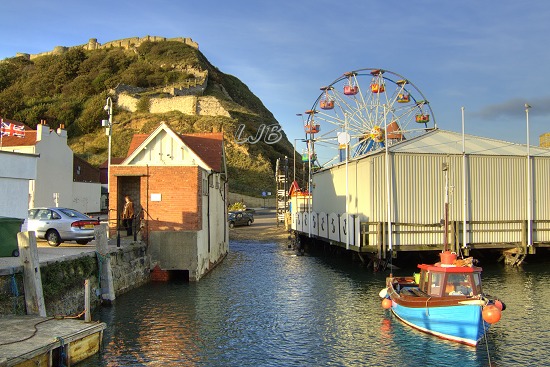 View from the harbour to Scarborough Castle.