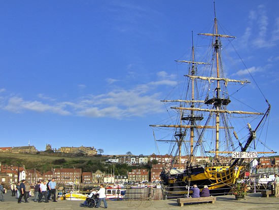 The Grand Turk sailing ship moored at the quayside.